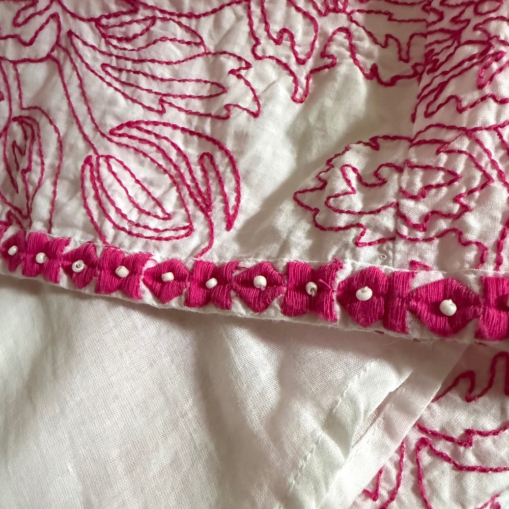 Nimo Pink White Embroidered Cotton Maxi Skirt Medium Pockets Beaded Hem - Picture 7 of 8